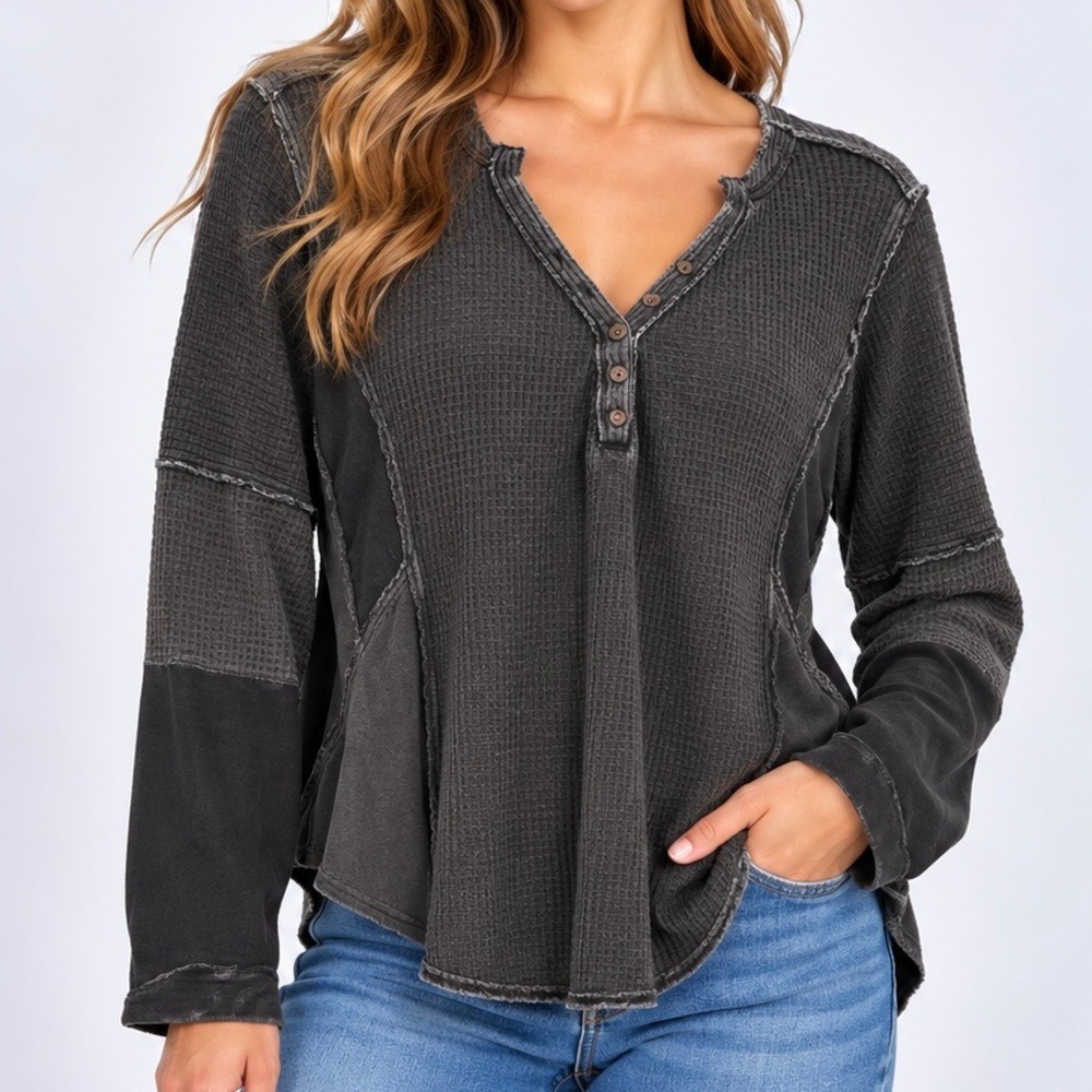 We The Free x People Charcoal Waffle Knit Patchwork Henley Thermal Top Large